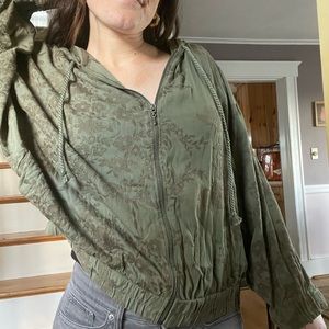 Army green floral stitched zipup